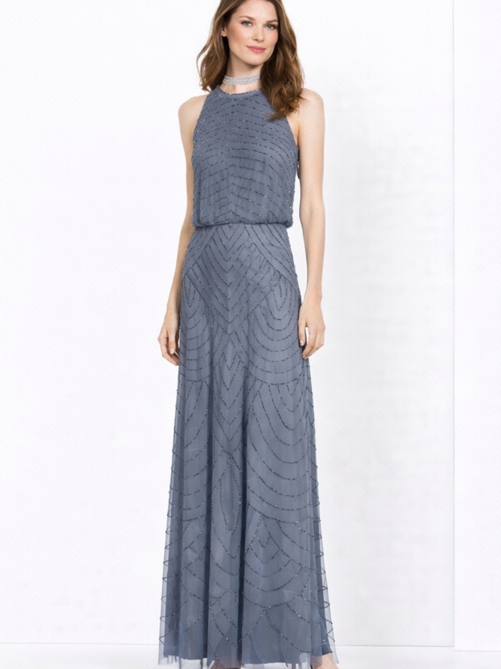 Adrianna Papell Slate Blue Beaded Halter Gown Size 0P NWT Formal Maxi Dress GALA